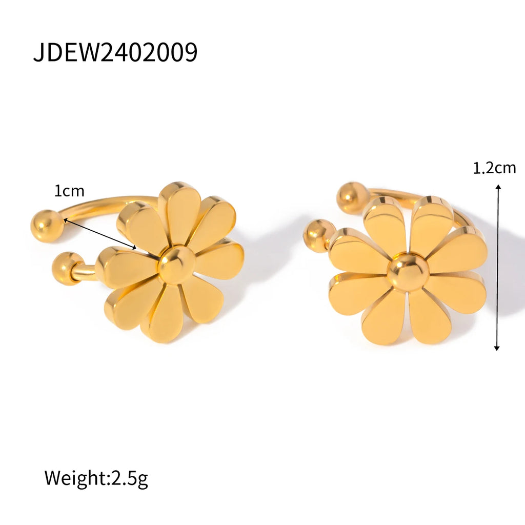 Let luksus 18K PVD otte-bladede blomst Small Daisy Ear Clip Sommer Guld Farve Rustfrit Stål Kvinder Statement Smykker