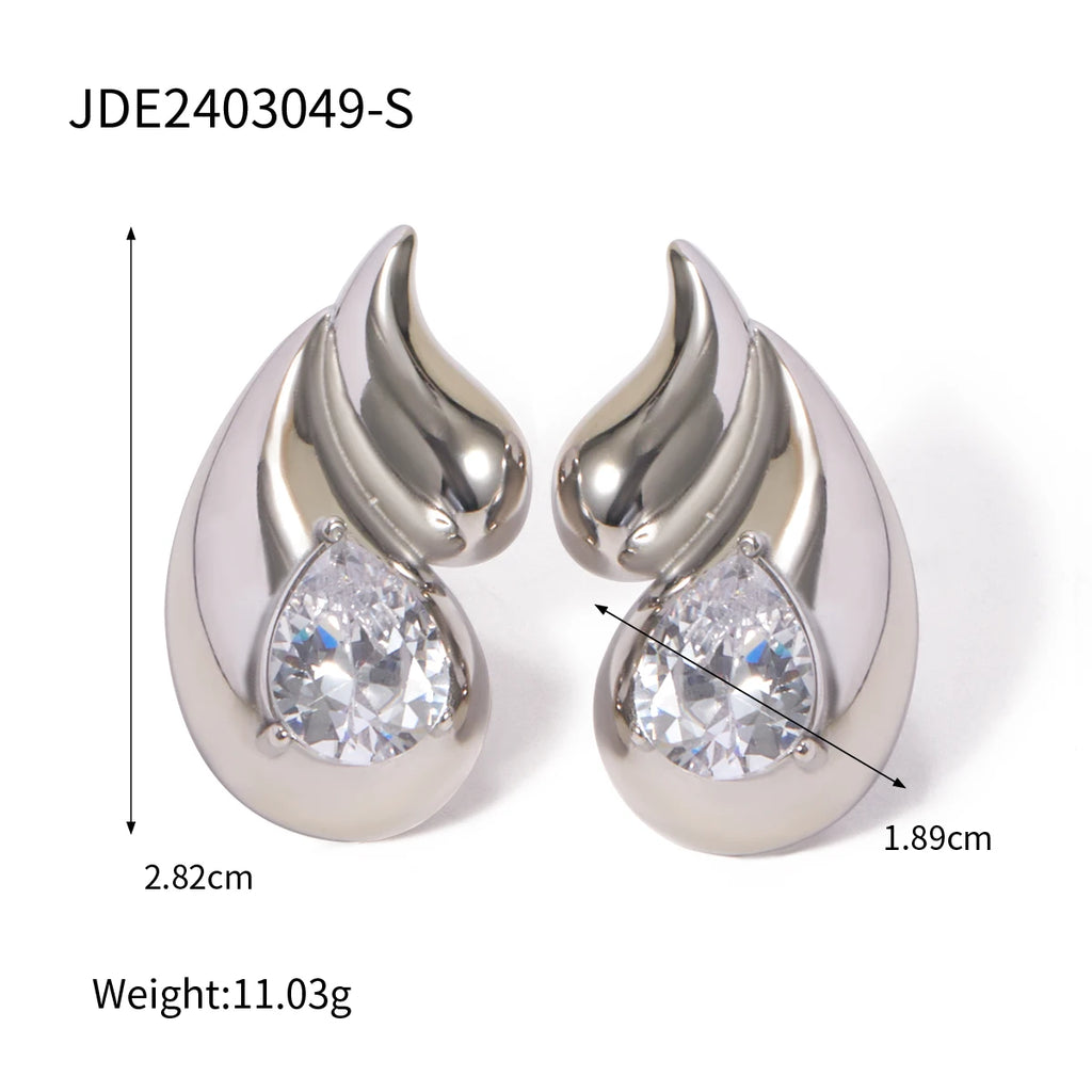Brincos de Gota de Água Dupla Geométricos de Aço Inoxidável à Prova d'Água Banhados a Ouro 18k com Pingente de Diamante Joia Antialérgica de Destaque