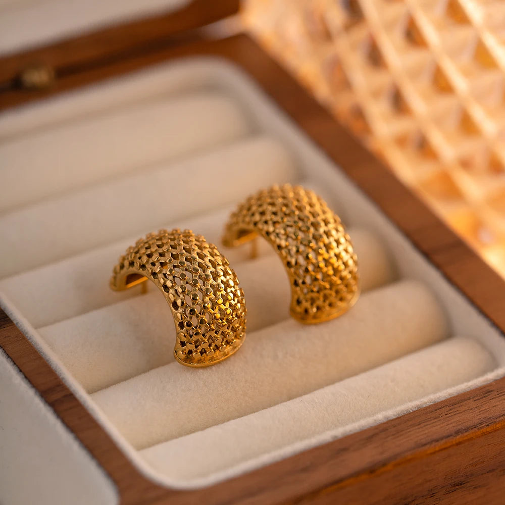 Stainless Steel Mesh Design C Shaped Earrings Metal Golden 18 K Plated Charm Summer Jewelry Waterproof Accessories Bijoux Femme
