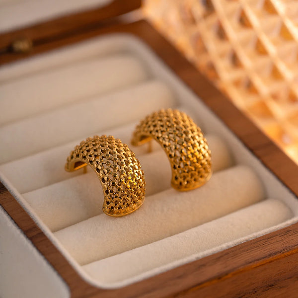Edelstahl-Mesh-Design C-förmige Ohrringe Metall Golden 18 K Vergoldet Charme Sommer Schmuck Wasserdichte Accessoires Bijoux Femme