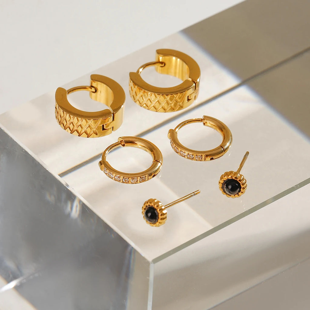 3 Pairs Per Card Stainless Steel Black Agate White Rhinestone Earrings 18K PVD Plated Anti Allergic Rust Proof Jewelry