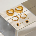 3 Pairs Per Card Stainless Steel Black Agate White Rhinestone Earrings 18K PVD Plated Anti Allergic Rust Proof Jewelry