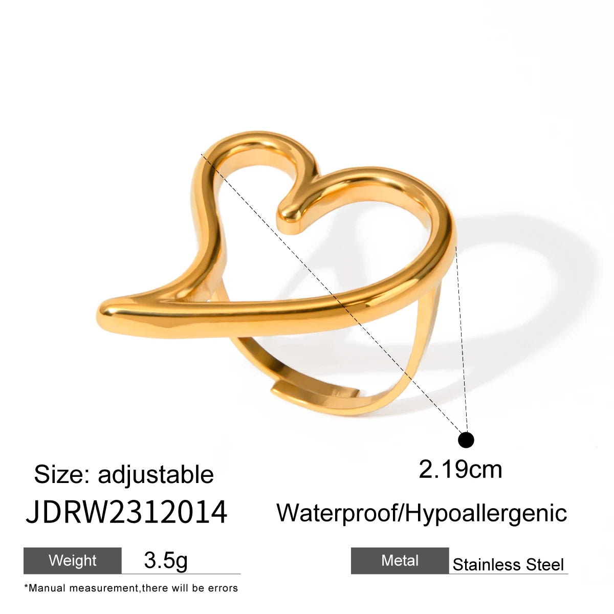 Stainless Steel Smooth Hollow Big Love Heart Ring 18K Gold Plated Rust Proof Free Temperament Charm Jewelry Bijoux for Women