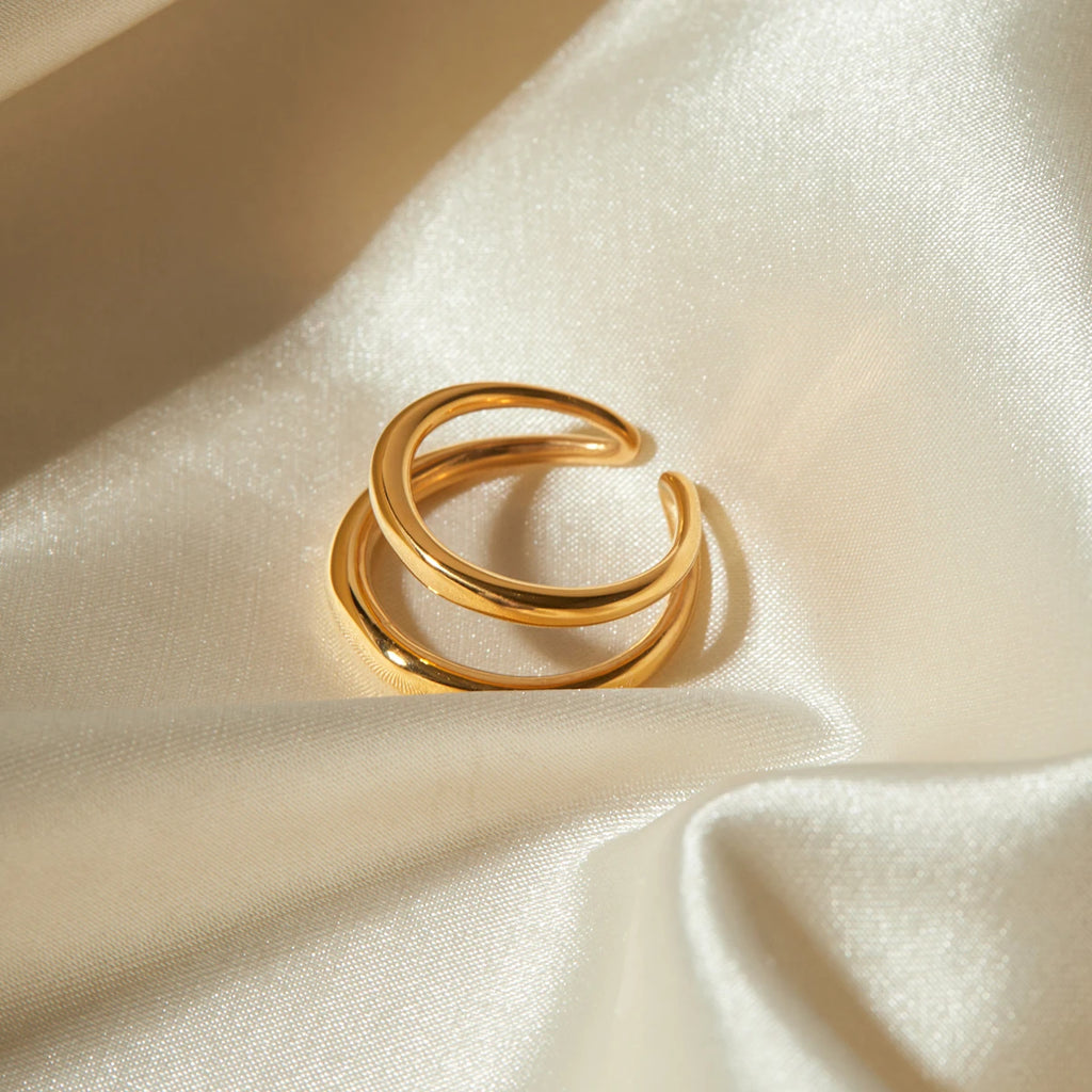 18k vergoldeter, stilvoller, einzigartiger, einfacher, geometrischer, goldener, doppellagiger Öffnungsring aus Edelstahl für Frauen, anti-distinktiver Schmuck