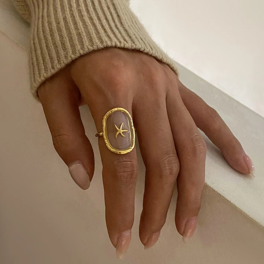 Oval Starfish 18K Gold Plated Stainless Steel Hammer Pattern Ocean Wind Open Ring Women Anti Allergic Charm Daily Jewelry