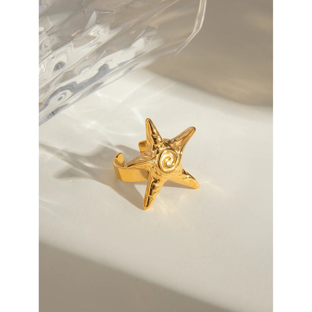 Anillo abierto vintage de estrella de mar roscada de acero inoxidable chapado en oro de 18k para mujer, encanto, joyería dorada elegante, regalo de verano para la playa