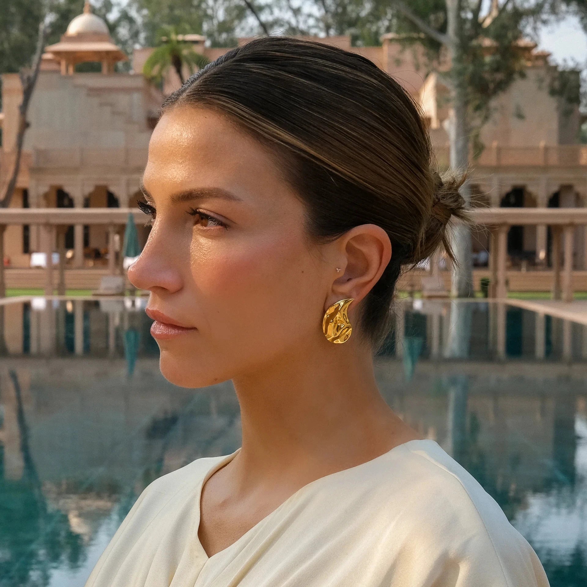 Stainless Steel 18K Gold Plated Minimalist Hammer Grain Water Drop Earrings Tarnish-proof Light Luxury Women Ear Jewelry