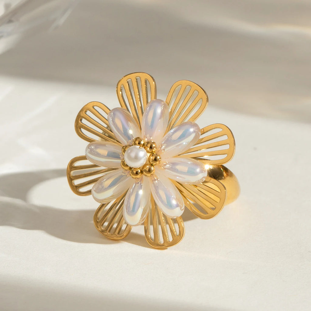 Vintage 18K Stainless Steel Shell Beads Hollow Plastic Flower Open End Ring Women Anti Allergic Charm Daily Jewelry Bijoux Femme