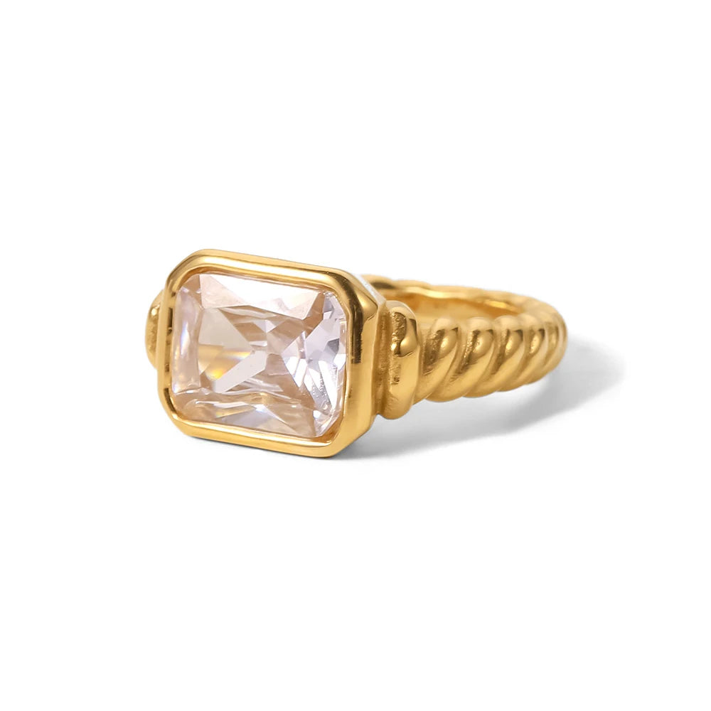 انگشترهای زنانه لوکس با طرح مستطیل دو ردیفه کروسانت، جواهرات براق کریستالی، ترند، از جنس استیل ضد زنگ با روکش طلای 18 عیار و زیرکن