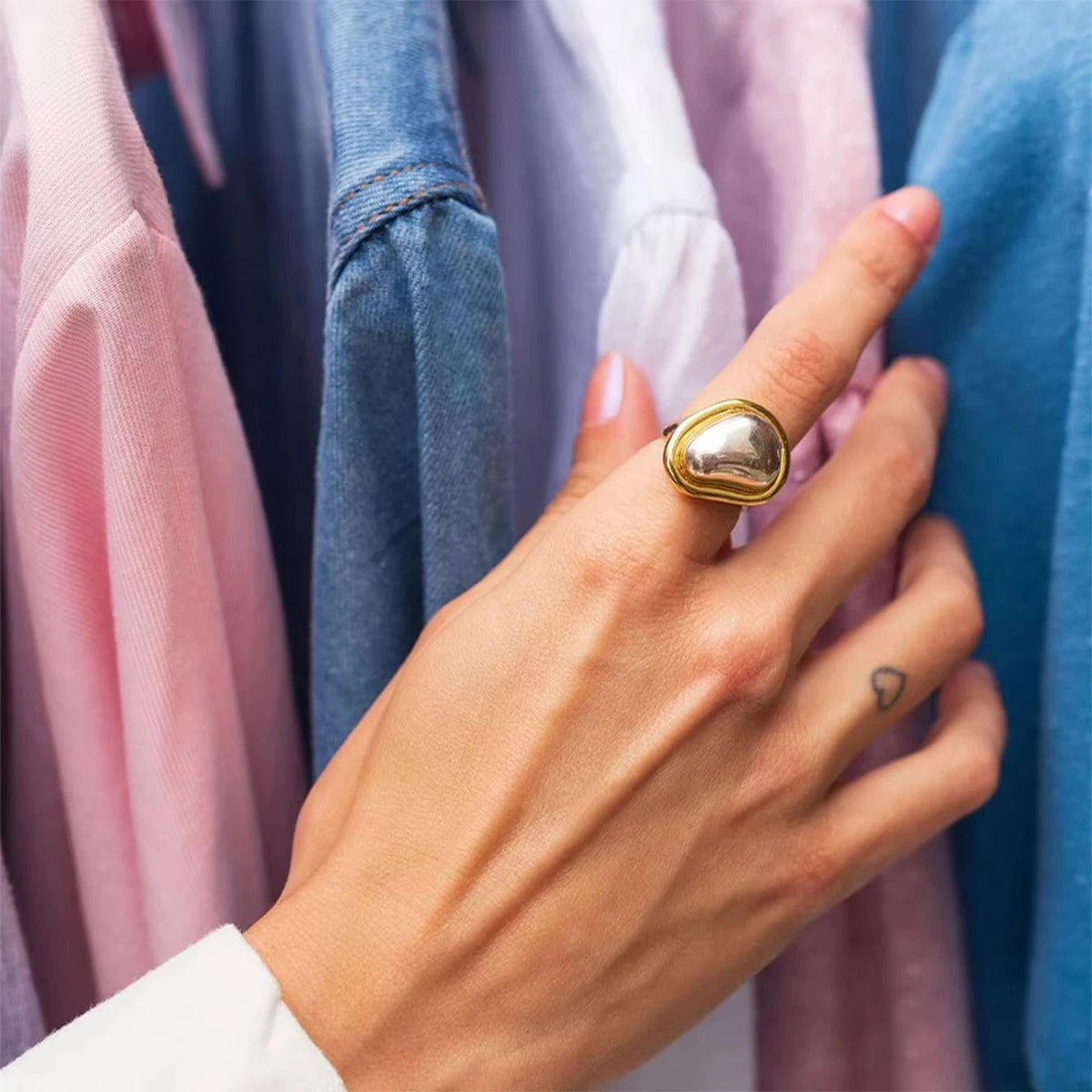 18k Gold Plated Stainless Steel Simple Elegant Color Matching Irregular Love Heart Ring Women Trendy Charm Chic Jewelry