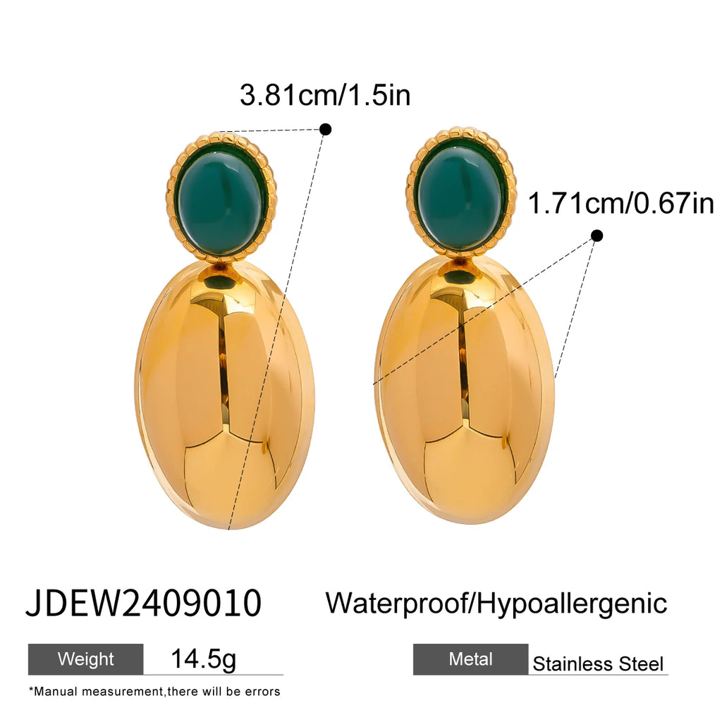 Stainless Steel 18K Vintage Round Green Agate Set Pendant Earrings Open Bangle Rust-proof Attractive Jewelry Accessories