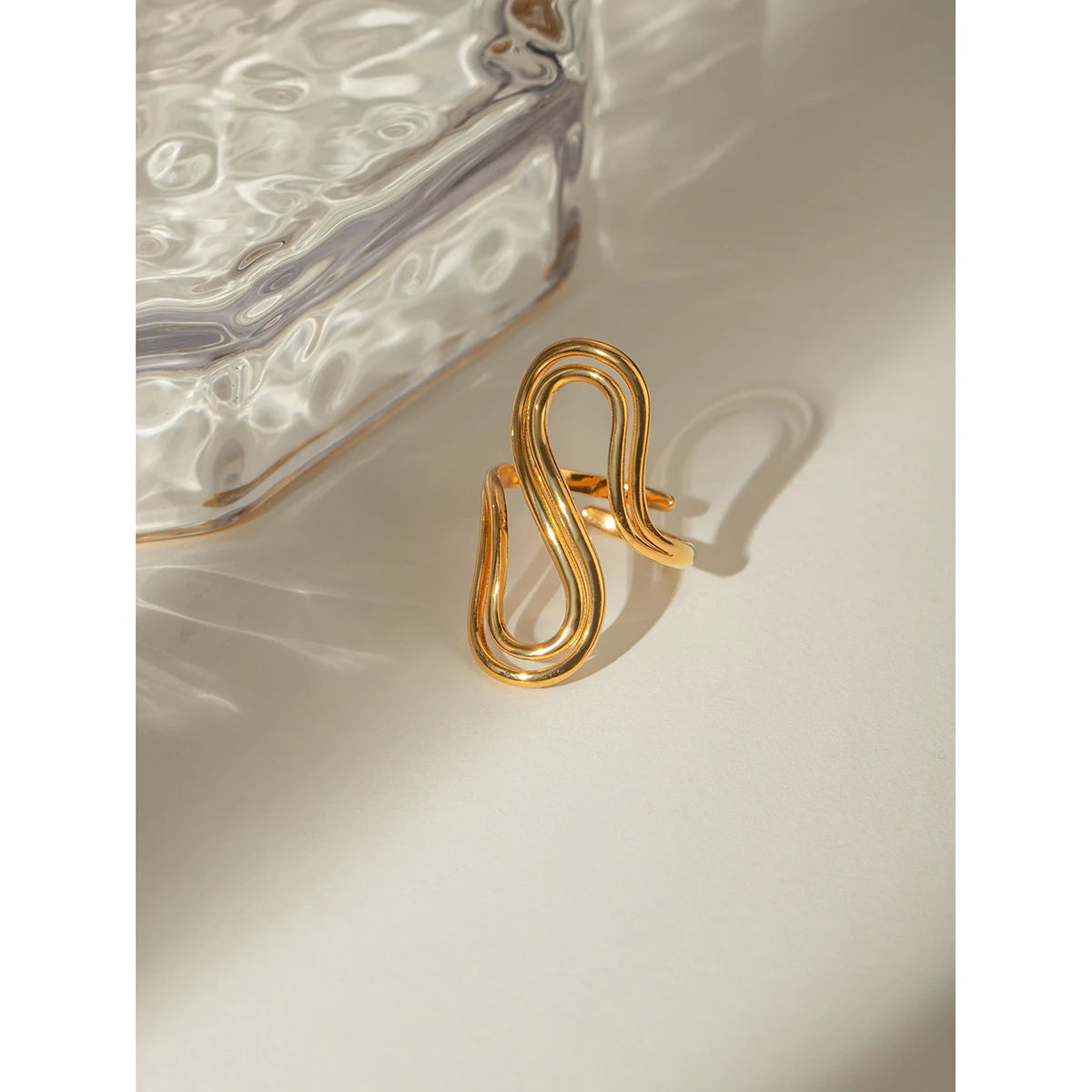 18k vergoldeter, stilvoller, einzigartiger, einfacher, doppelter S-förmiger Öffnungsring aus Edelstahl für Frauen, antiallergisch, wasserdicht Schmuck