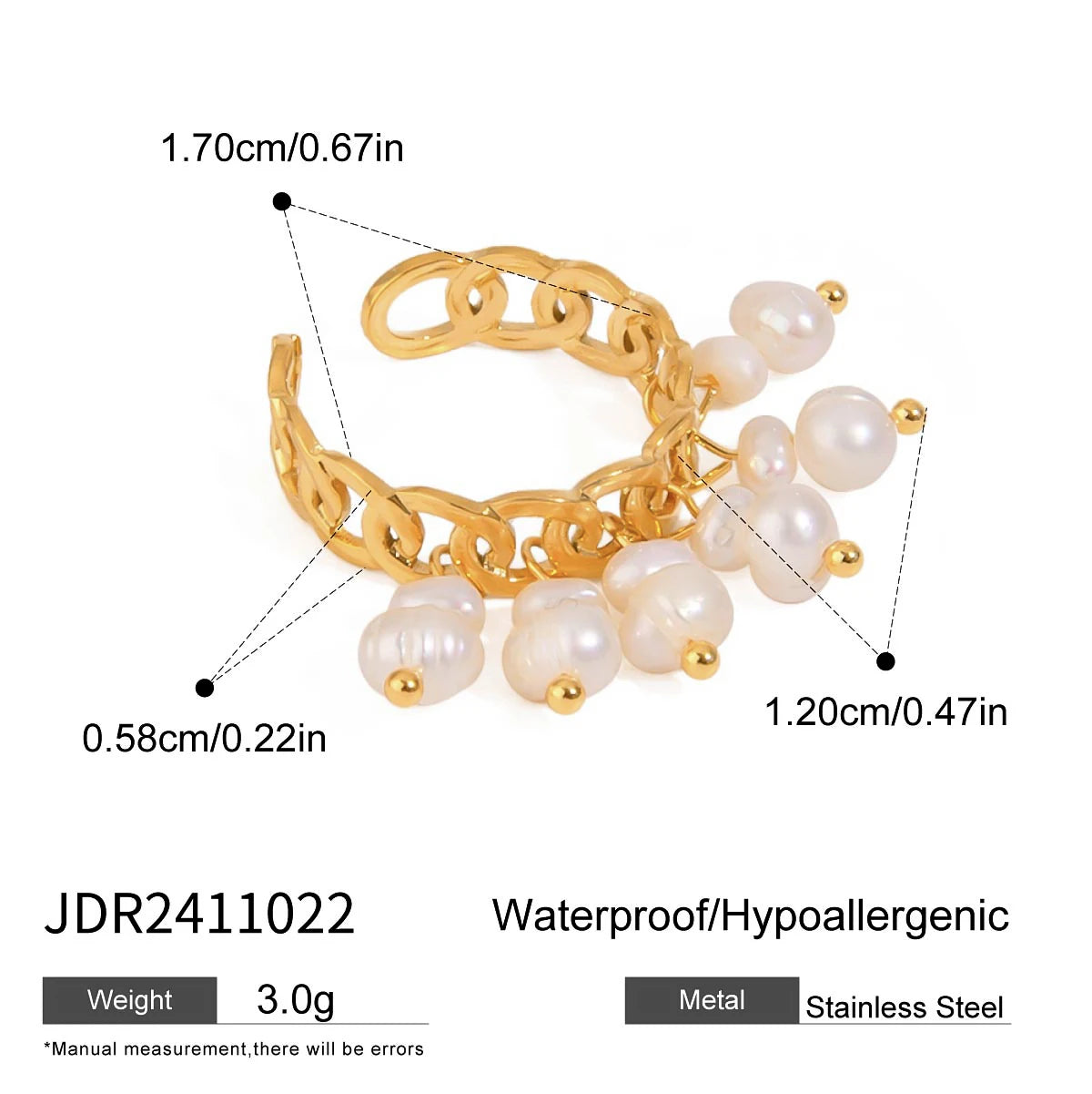 Minimalistischer, 18k vergoldeter Edelstahl, doppellagiger, hohler Süßwasserperlen-Öffnungsring für Damen, anti-allergischer Charmschmuck