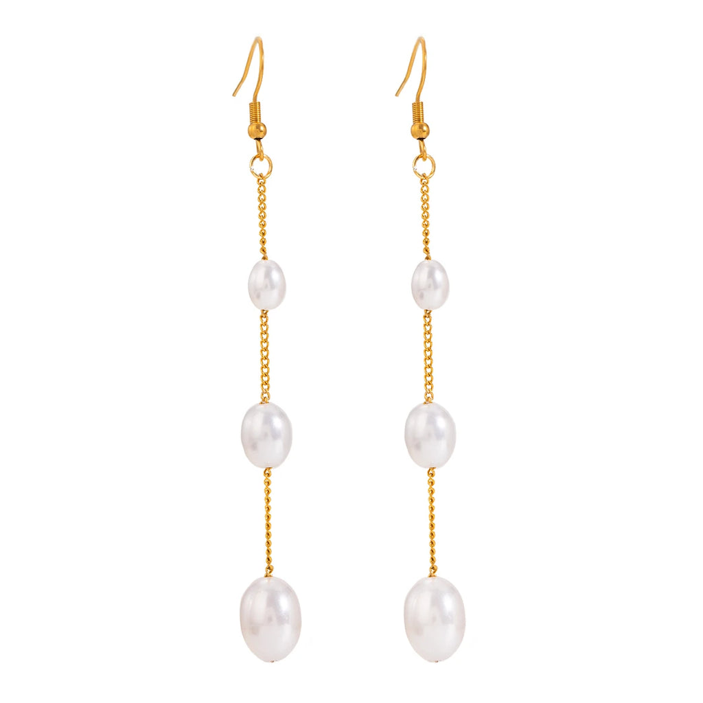 Pendientes colgantes largos con perlas en cadena de acero inoxidable de playa 18K, accesorios para mujeres, joyería de declaración anti alérgica