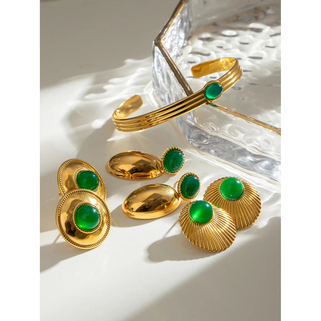 Stainless Steel 18K Vintage Round Green Agate Set Pendant Earrings Open Bangle Rust-proof Attractive Jewelry Accessories