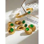Stainless Steel 18K Vintage Round Green Agate Set Pendant Earrings Open Bangle Rust-proof Attractive Jewelry Accessories