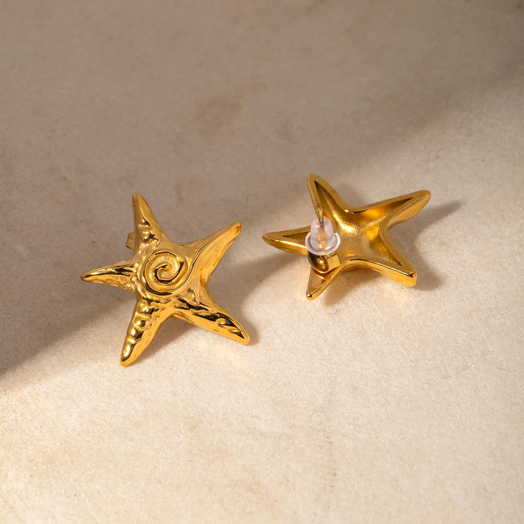 Pendientes de botón en espiral con forma de estrellas de cinco puntas minimalistas chapados en oro de 18k de acero inoxidable impermeables joyería chic femenina para gala