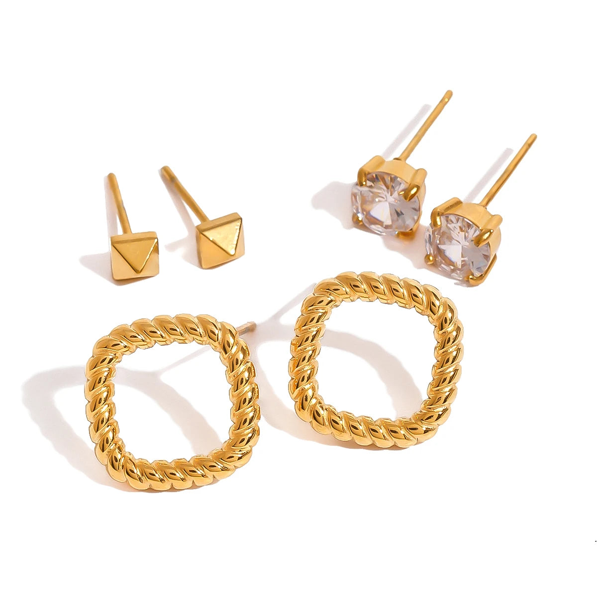 Trendy 18k Stainless Steel Vintage Square White Zircon Hollow Earrings Women Statement Charm Texture Rust Proof Trendy Jewelry