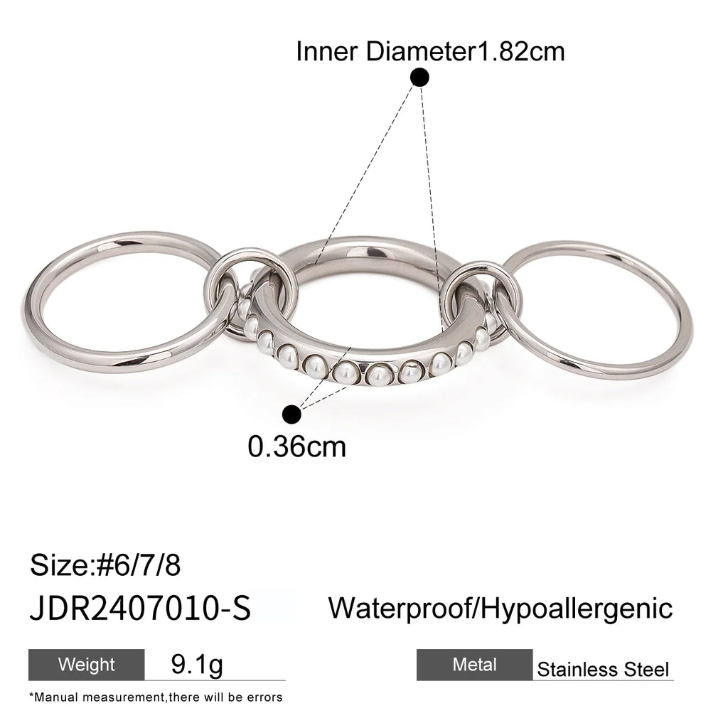 Anello aperto a tre strati con perla di vetro geometrica, misura 8, metallo in acciaio inossidabile placcato 18K PVD, gioielleria antiallergica
