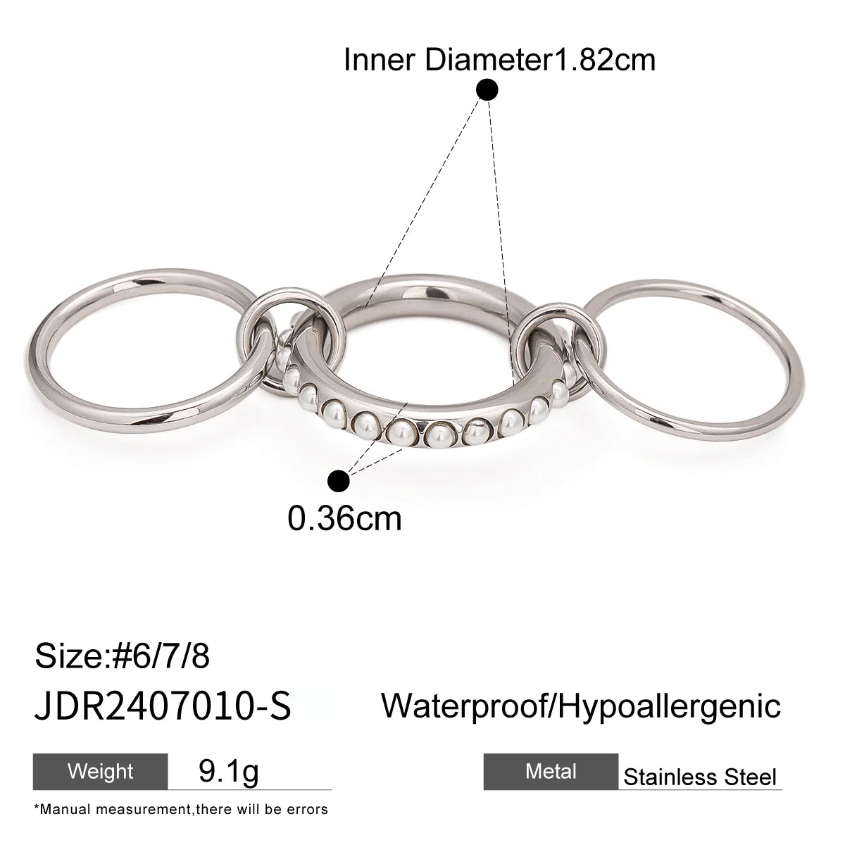 Geometrically Glass Pearl Three Layer Open Ring Size 8 Stainless Steel Metal 18K PVD Plated Prevent Allergy Jewelry