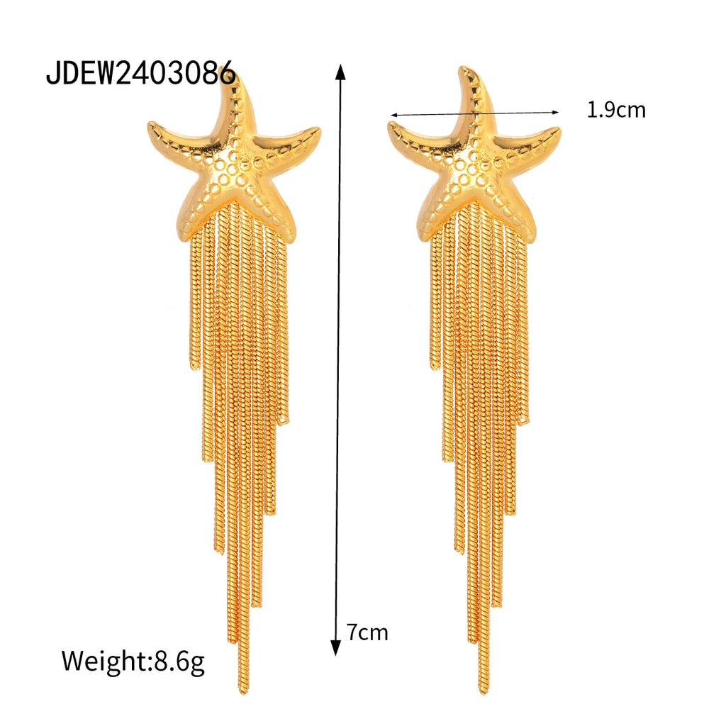 Edelstahl Chic Lange Kette Quaste Seestern Tropfen Hängende Ohrringe Damen 18K PVD Beschichtet Wasserdicht Temperament Stilvoller Schmuck