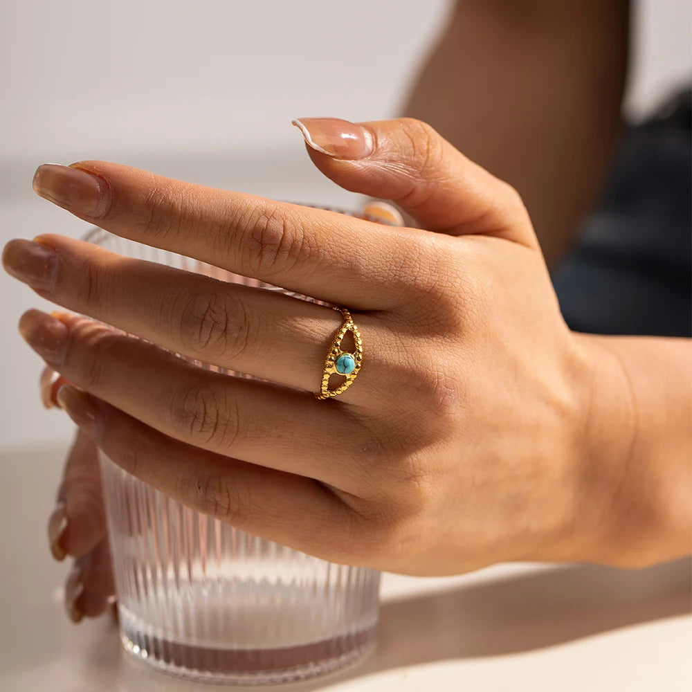 Vandafvisende personlighed Lady Ring Turkis Indlæg Gennembrudt 18K forgyldt rustfrit stål Djævleøje Design Delikat gave