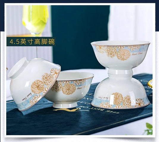 Bols et assiettes de luxe modernes Vaisselle en céramique Jingdezhen, ensemble de bols et d'assiettes à bordure dorée, ménage