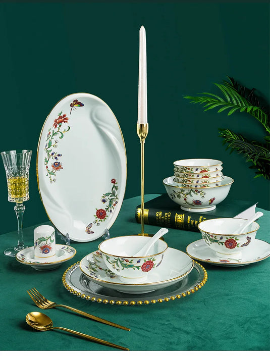 Ensemble de vaisselle de 68 pièces Ensemble de bols et plats Ensemble de 68 pièces Processus de dorure Floral Papillon Double Oreille Pot Assiette Cuillère Tasse à ragoût Ensemble combiné