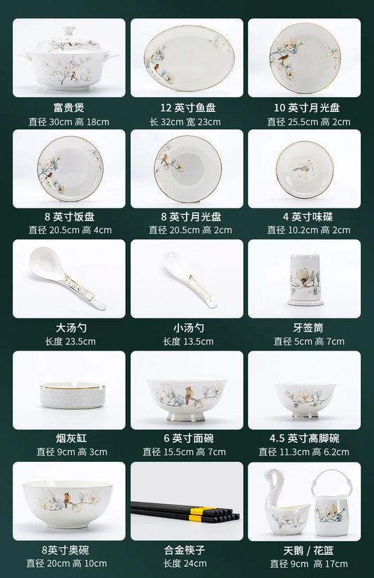 Jingdezhen kinesisk stil husholdnings keramiske skåle, tallerkener, sæt, æsker, benporcelænsservice, skåle, spisepinde, sæt, porcelæn