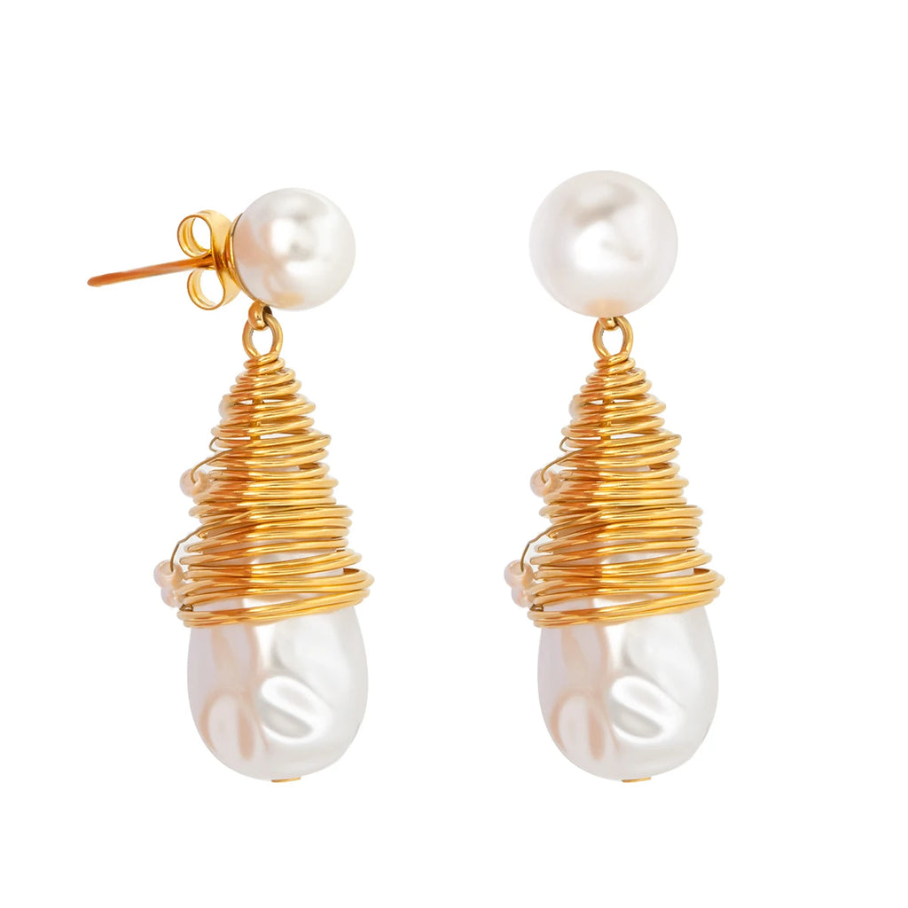 Zarte 18K vergoldete Edelstahl-Mode-Ohrringe mit umwickeltem Faden um Perlen, anlaufsicher, romantischer Schmuck, Gala-Geschenk