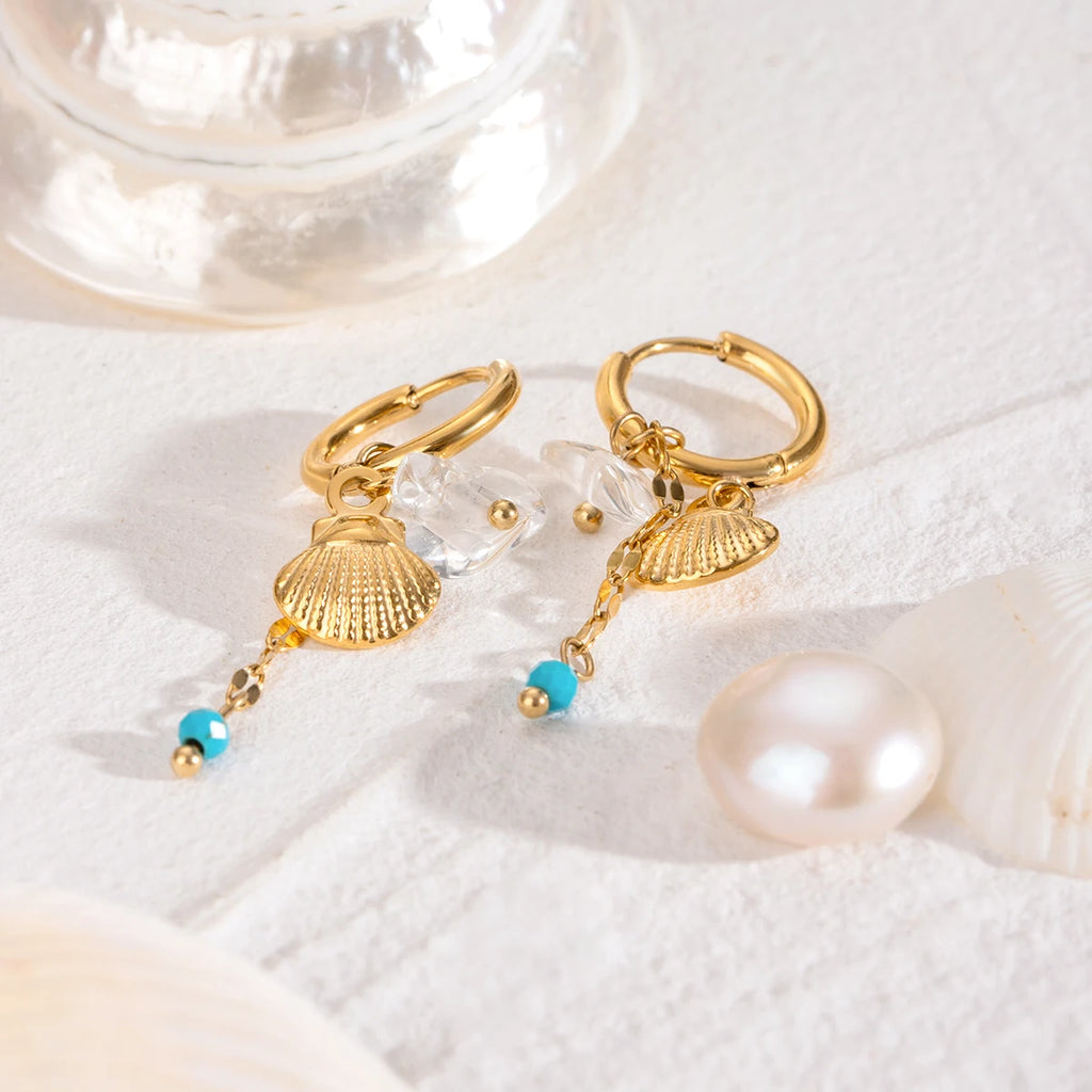 Brincos de Argola com Fivela de Concha de Pedra Natural Aço Inoxidável Metal Banhado a Ouro 18K PVD Feminino Prevenção de Alergia Joias Delicadas