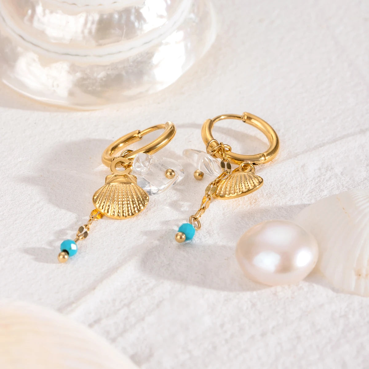 Brincos de Argola com Fivela de Concha de Pedra Natural Aço Inoxidável Metal Banhado a Ouro 18K PVD Feminino Prevenção de Alergia Joias Delicadas