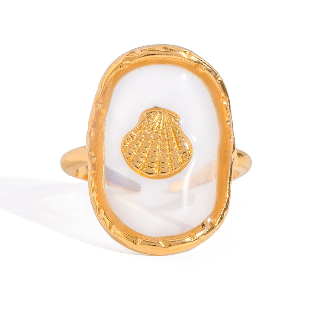 Ovaler 18K vergoldeter Edelstahl-Oval-Muschel-Skallop-Hammer-Offener-Endring für Damen, anti-allergischer Charme, täglicher Schmuck, Bijoux