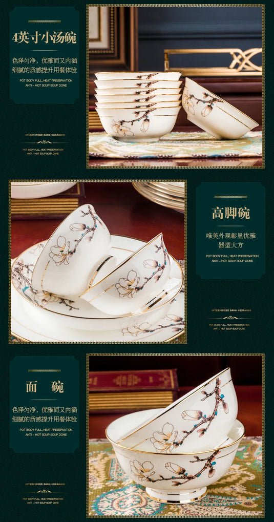 Jingdezhen Ceramic Tableware 10 Personal Tableware Set Gold Painted Household Bowls, Dishes, Bone Porcelain Set