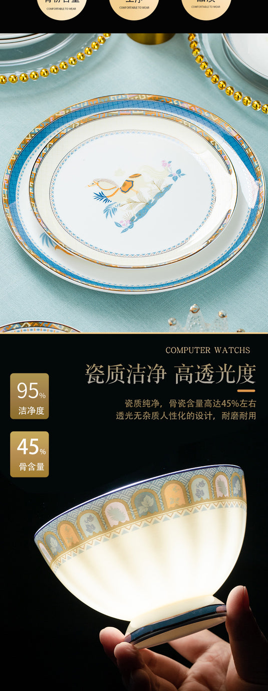 Jingdezhen ceramic tableware,bowl and plate set,household Nordic light luxury gold border bone china tableware