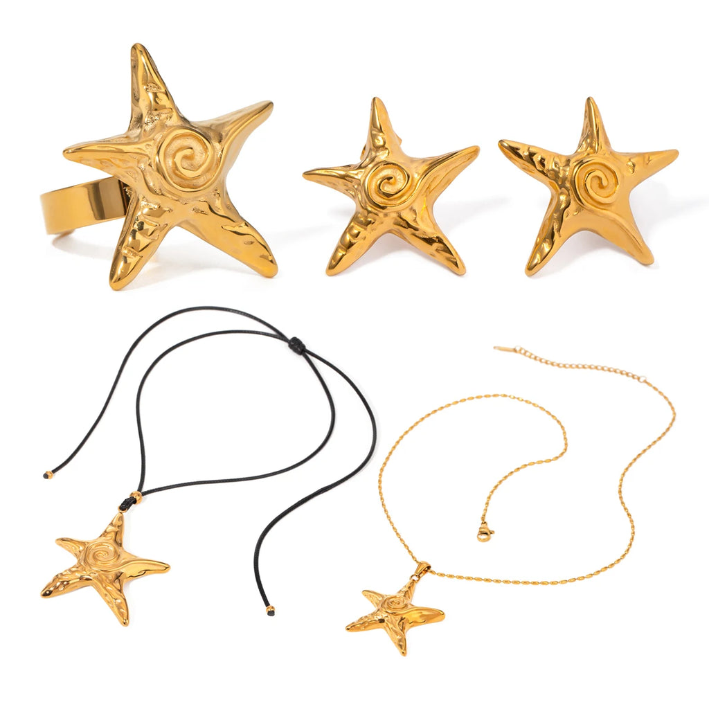 Summer Beach 18k Gold Plated Stainless Steel Vintage Threaded Starfish Necklace Earrings Open Ring Set Women Charm Jewelry Gift