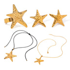 Summer Beach 18k Gold Plated Stainless Steel Vintage Threaded Starfish Necklace Earrings Open Ring Set Women Charm Jewelry Gift