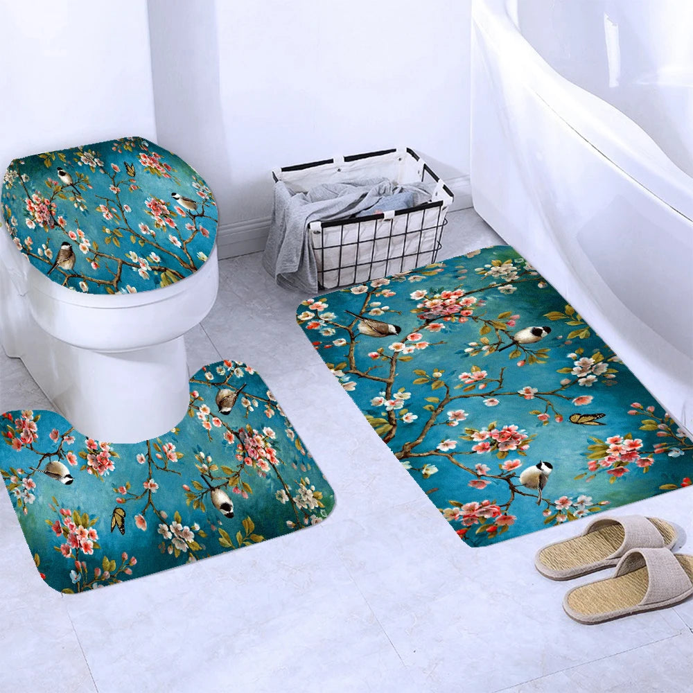 Chinese style Flowers and Birds Waterproof Shower Curtain Set Toilet Seat Cover Bath Non-Slip Mat Rug Carpet Bathroom Decor