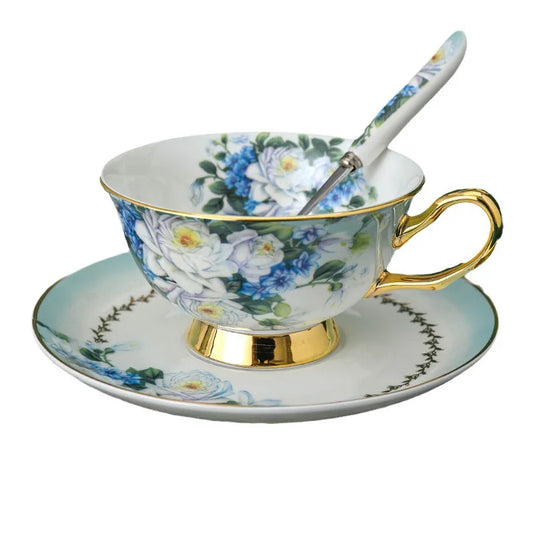 BLUE SPRING Elegant European Scented Tea Cup Set Bone China Vintage European Victorian Royal Style Hand Painted Blue Floral Afternoon Tea Coffee Cups and Saucers for Home Office Cafe Tea House 201-300ml