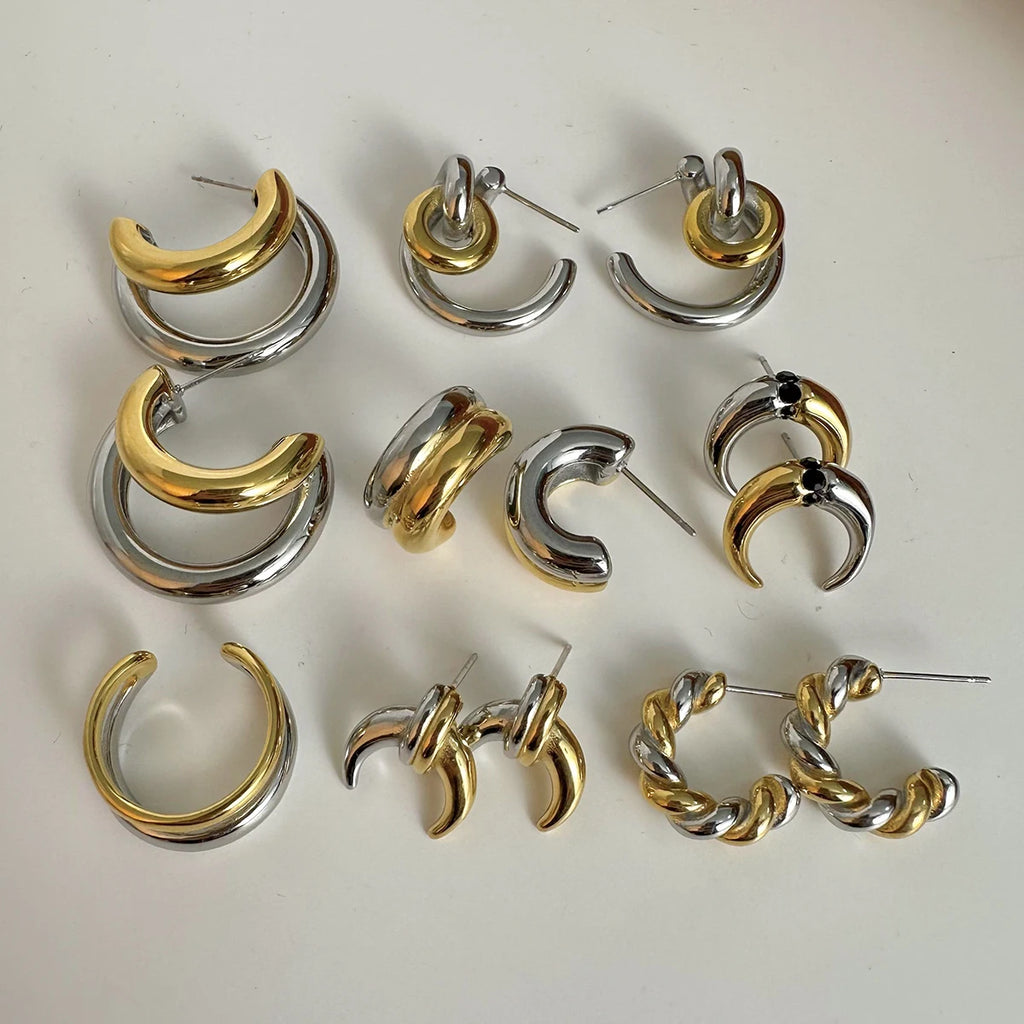 18K Gold Plated Silver Gold Color Matching C shape Hoops Triple Layer Huggy Huggie Mixed Anti Allergic Waterproof Charm Jewelry