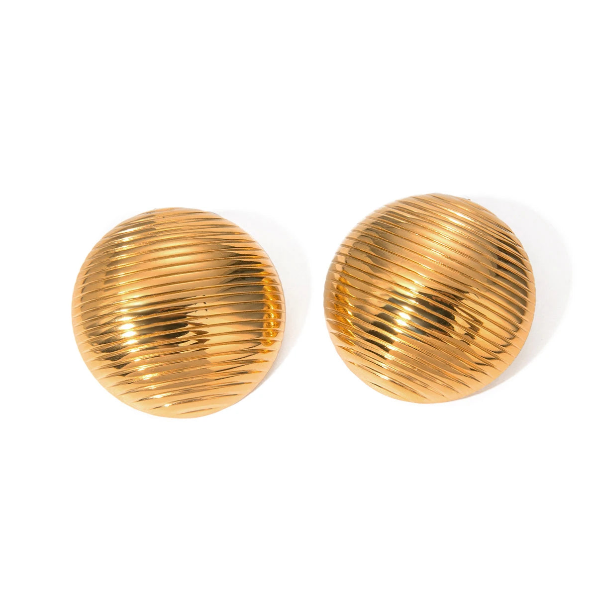 Brincos Redondos Tipo Botão com Listras Horizontais Geométricas em Aço Inoxidável Metálico Banhado a Ouro 18K para Mulheres Joias da Moda Presente para Gala