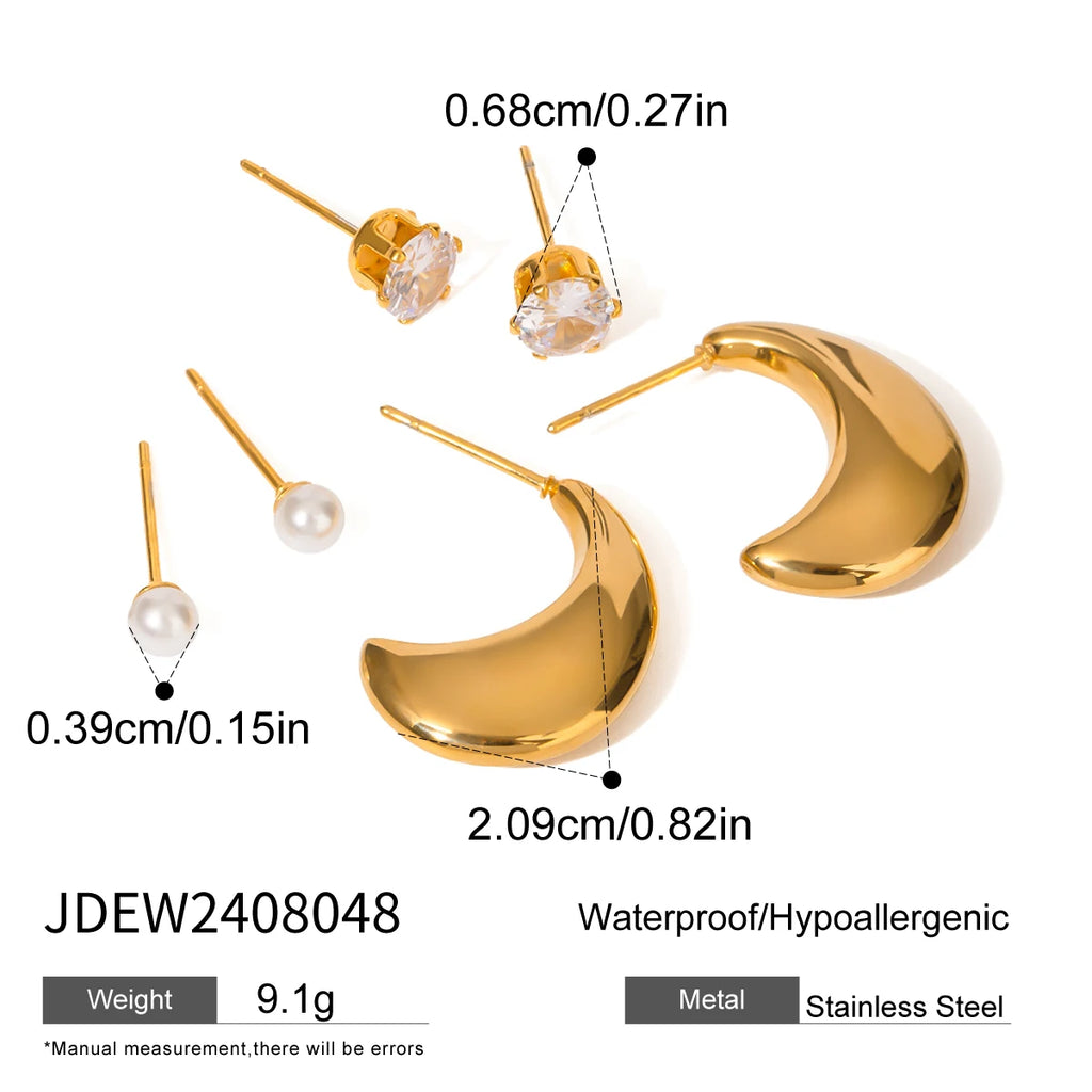 Trendy 18k rustfrit stål hvid zirkon plast perle C form måne glatte øreringe kvinder statement Rustfri smykker