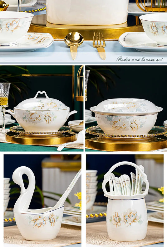 Jingdezhen Bone Porcelain Bowl and Dish Set, Light Luxury Ceramic Tableware Bowl and Chopstick Set