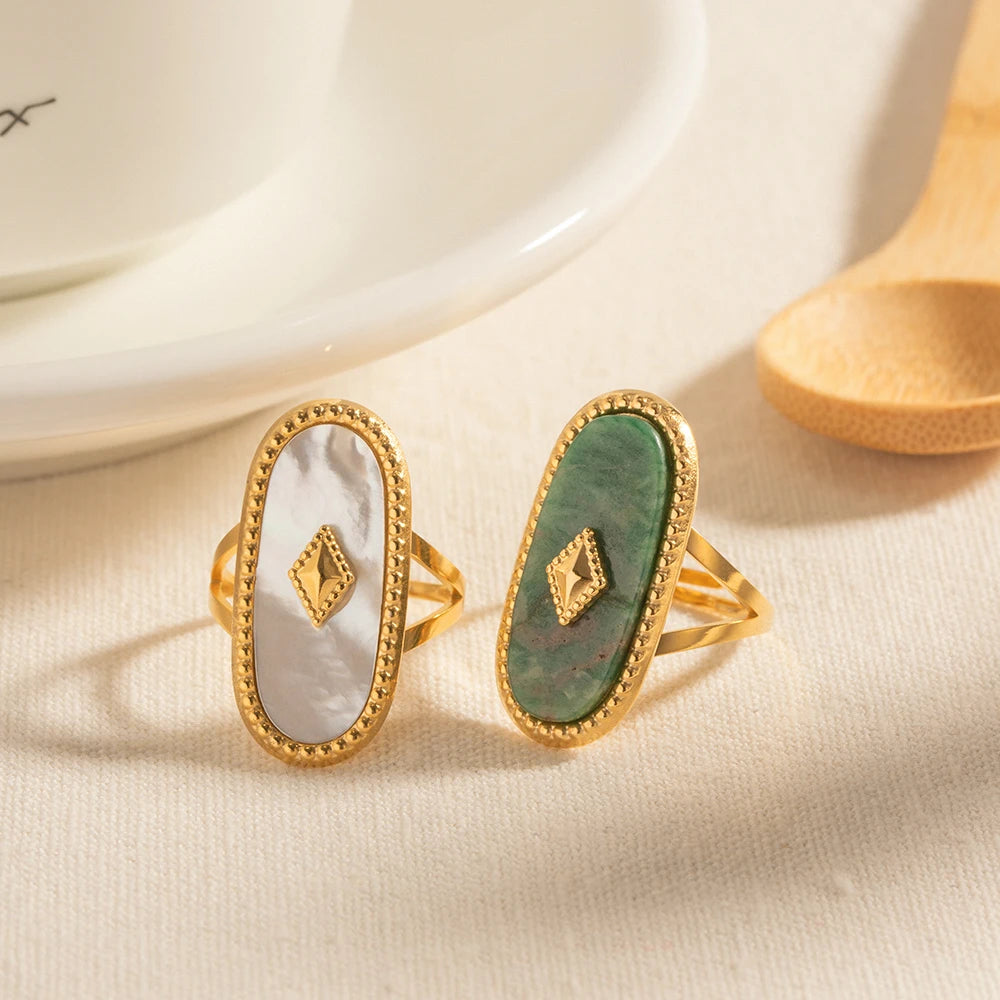 Vintage Oval Design Natural Stone Open Ring For Women Exaggerated Stainless Steel Waterproof Adjustable Jewelry Gift