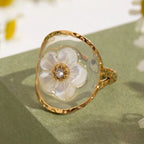 18K Gold Plated Stainless Steel Oval Shell Flower Steel Bead Open Ring Women Creative Anti Allergic Charm Daily Jewelry