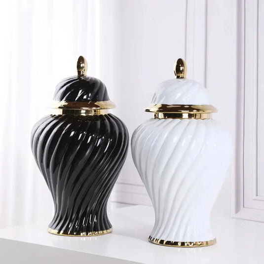 White Threaded Ceramic Storage Jar Flower Arrangement Desk Decoration Gold Plated General Tank Ginger Jars Porcelain Jewelry Box