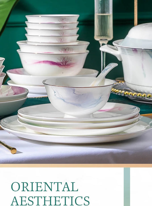 Jingdezhen Ceramic Bowl and Dish Set, Bone Porcelain Bowl and Chopstick Household Tableware Set