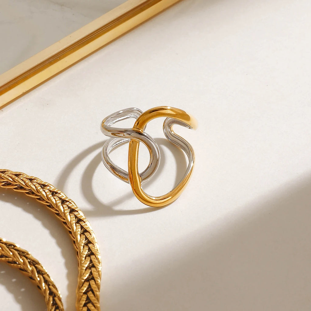 Gold Silver Color Matching Smooth Irregular Winding Open Ring 18K PVD Plated Women Anti Allergic Metal Charm Daily Jewelry
