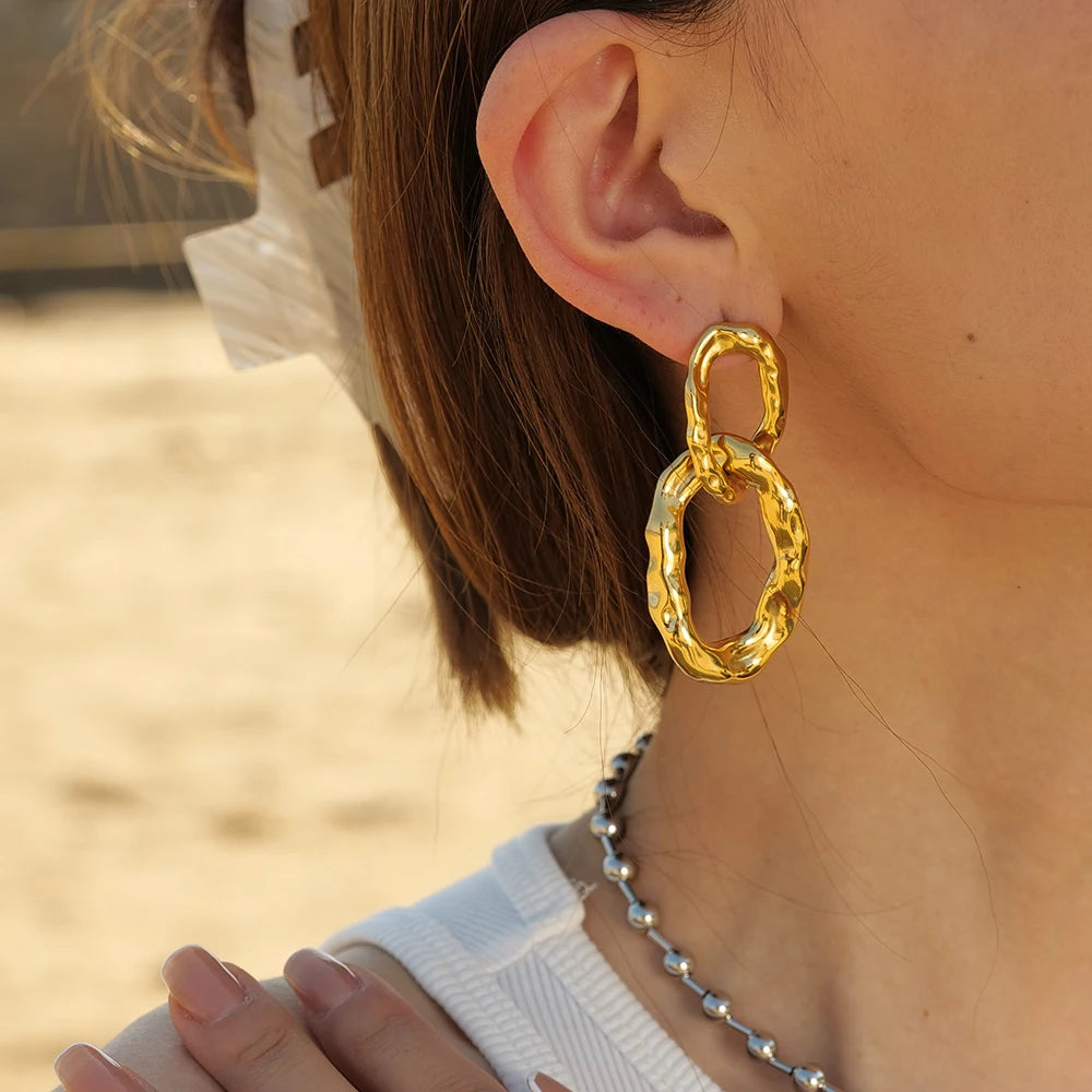 New Trendy Casting Braid Exaggerated Stainless Steel 18K Gold Plated Elliptical Charm Lady Fashion Loop Hoop Earrings - Grand Goldman