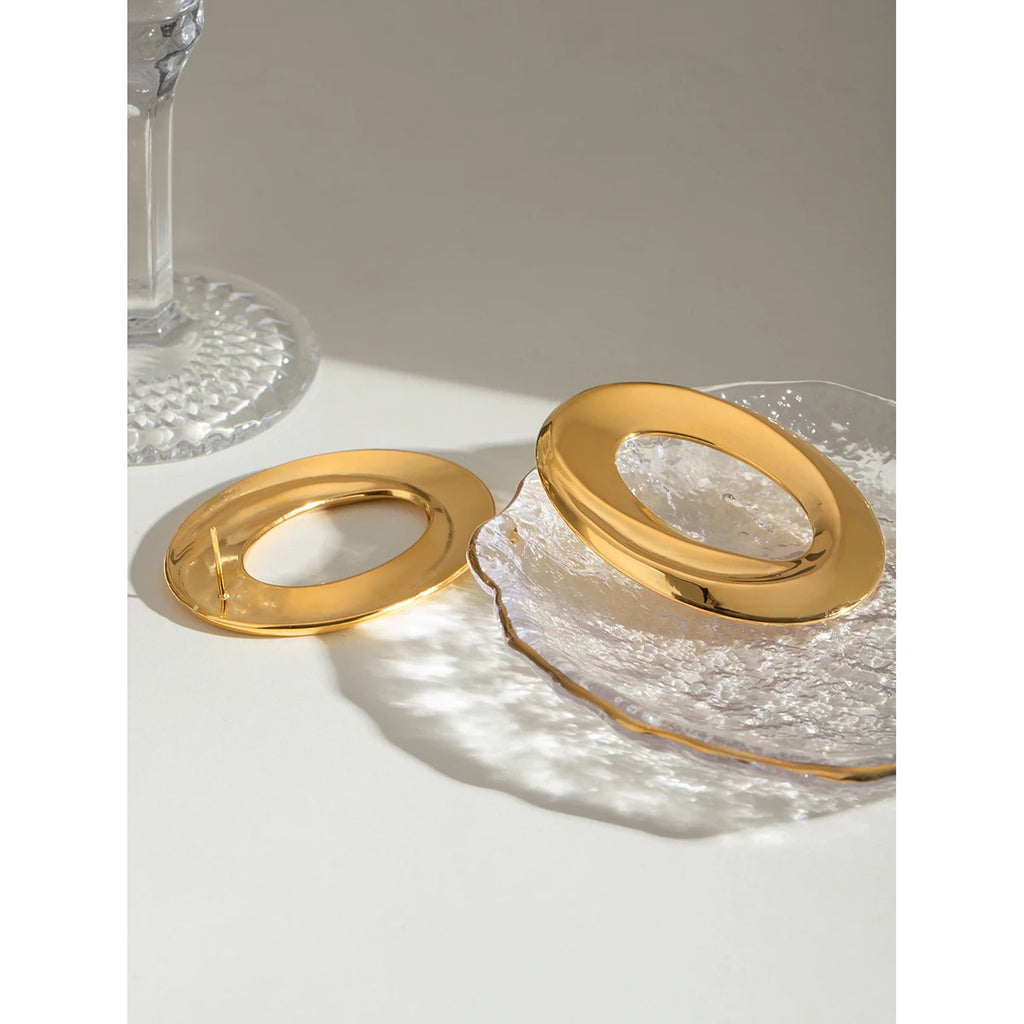 Oval Shaped Hollow Plain Earrings Stainless Steel Metal 18K PVD Gold Plated Women Prevent Allergy Delicate Jewelry - Grand Goldman